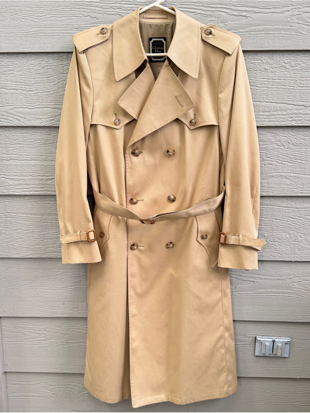 Christian Dior Camel Long Belted Epaulets Trench Rain Coat Button Men 40L Lined